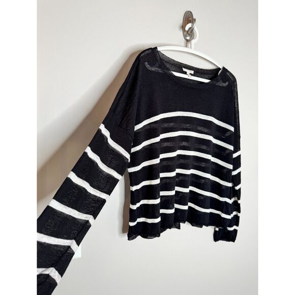 Eileen Fisher Sheer Linen Nautical Stripe Boxy Sheer Vacation Top Black White XL - Picture 7 of 7